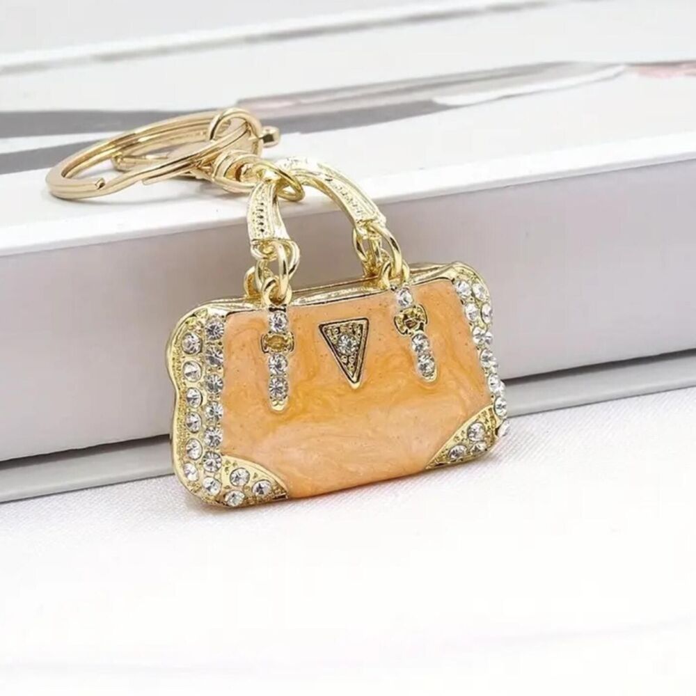 Bedazzled Pearlized Yellow Handbag w Crystals Bag Charm Keychain Golden Yellow